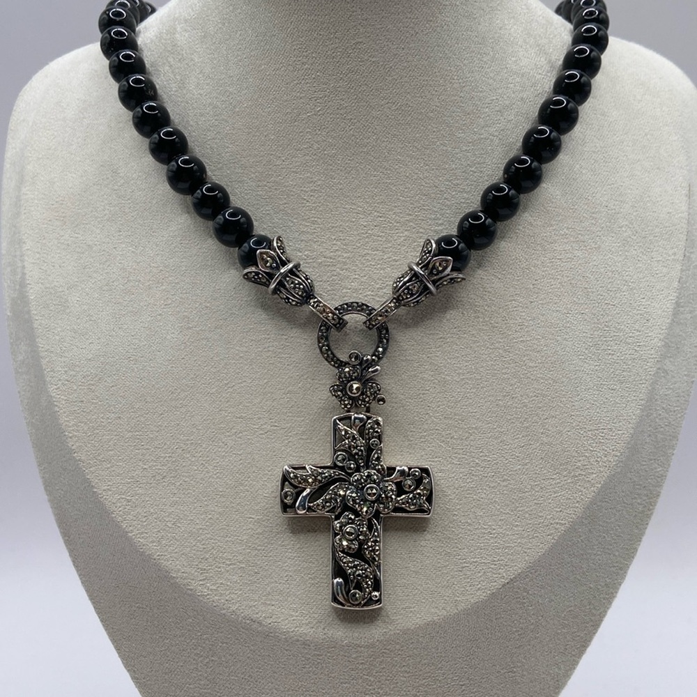 Suspicion Sterling Silver Marcasite Black Agate Bead Necklace W/Cross Pe…